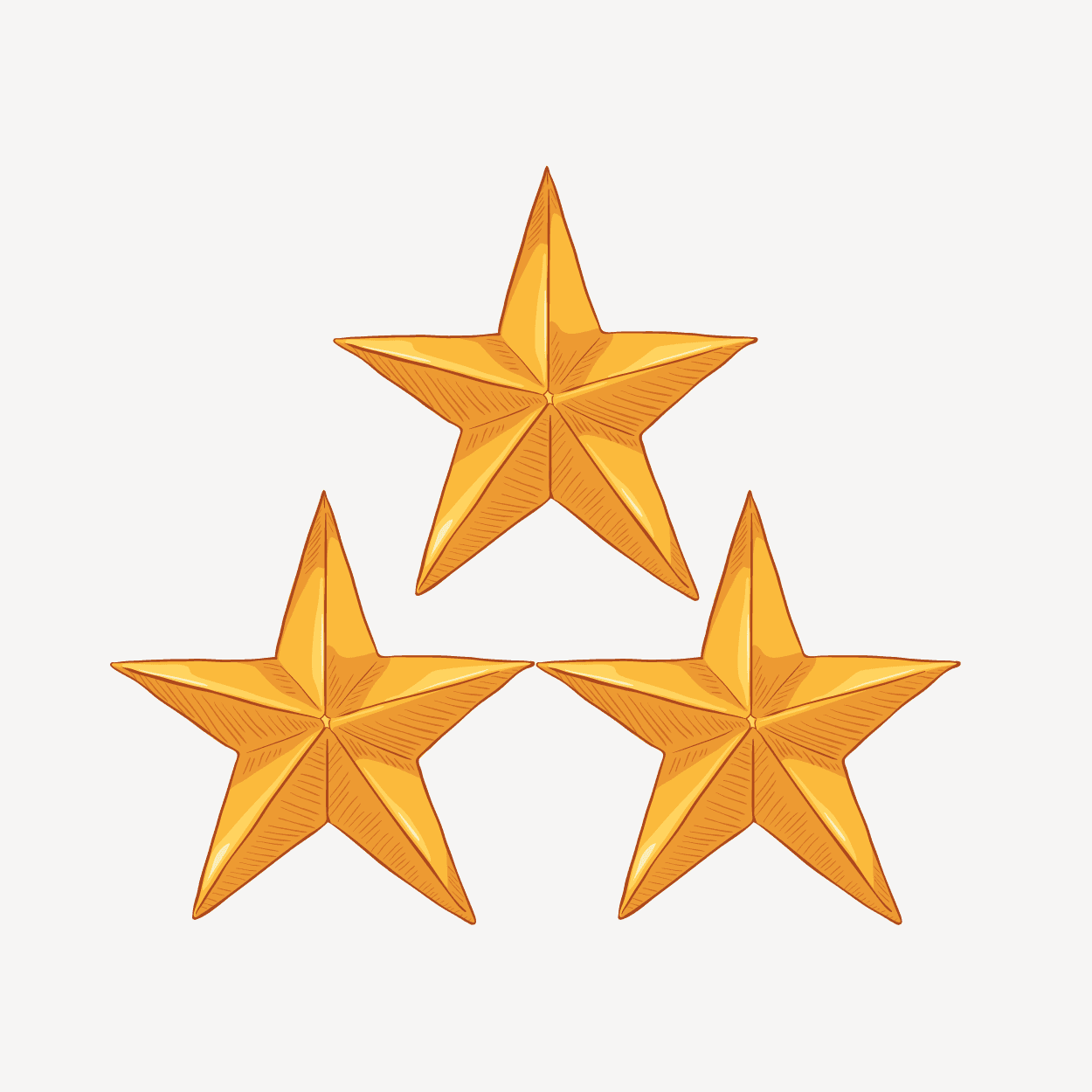 Three gold stars arranged in a triangle pattern on a white background.