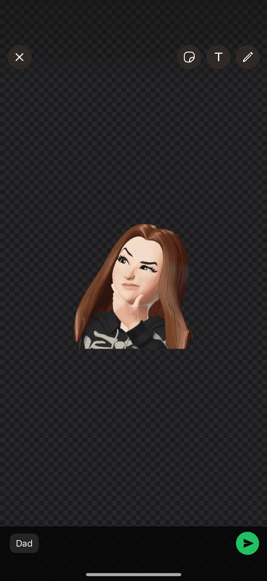 3D avatar with long brown hair pondering thoughtfully on a transparent background.