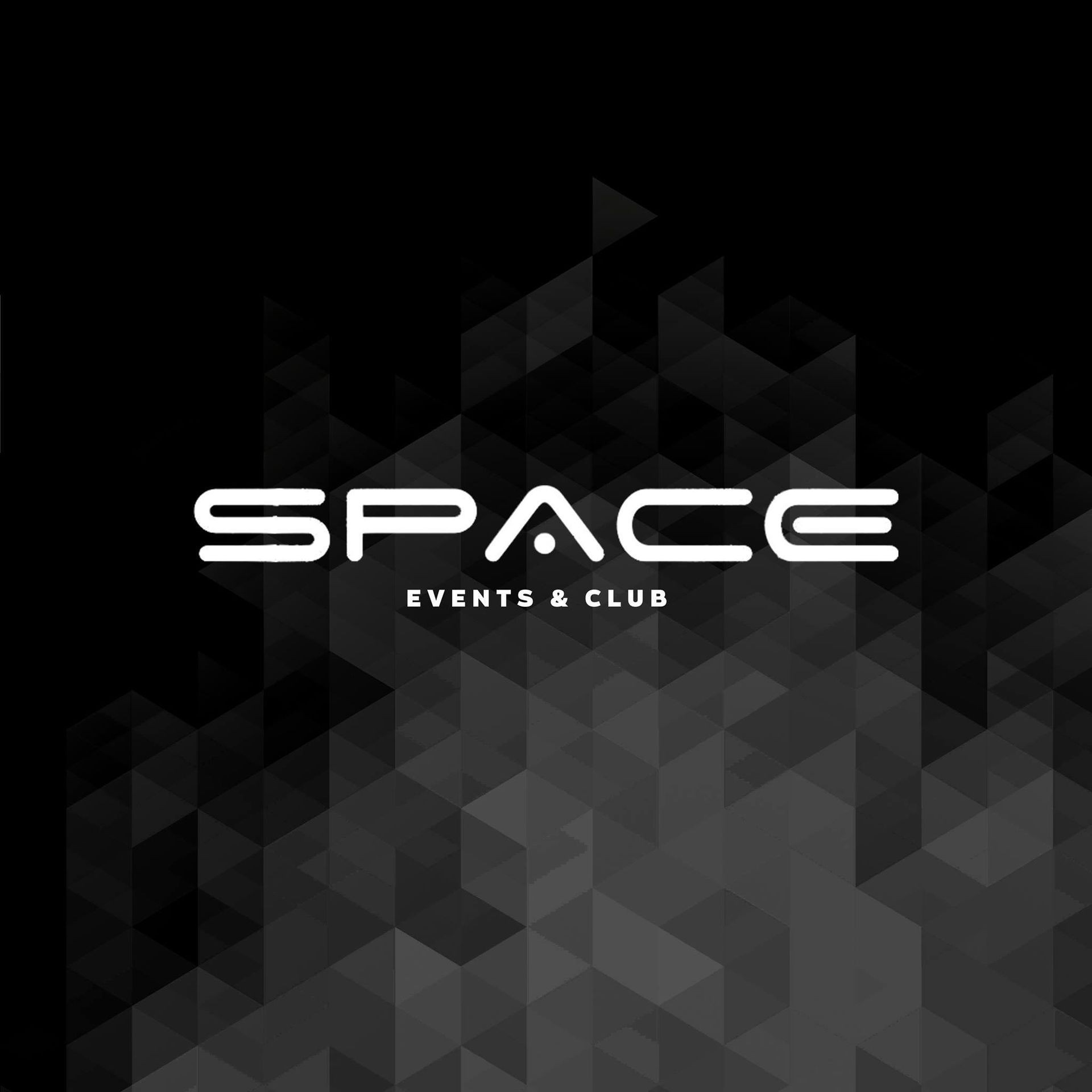 Logo for Space Events & Club with geometric background patterns in shades of black and grey.