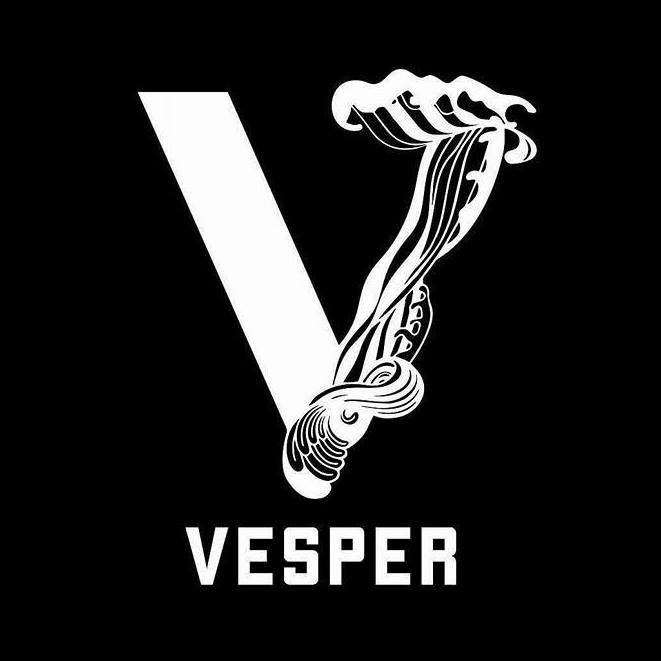 Black and white Vesper logo featuring a stylized 'V' with intricate patterns.