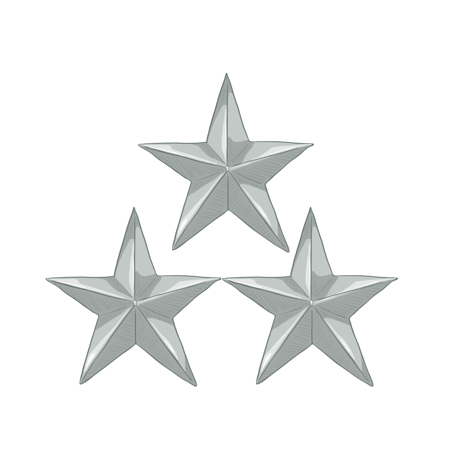 Three silver five-pointed stars arranged in a triangular formation on a white background.