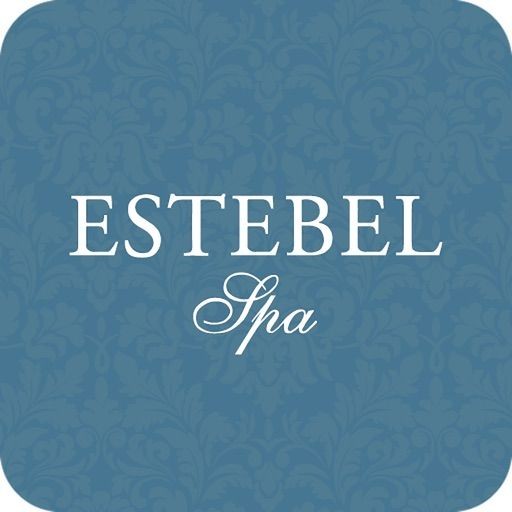 Logo for Estebel Spa with white text on a blue floral patterned background.