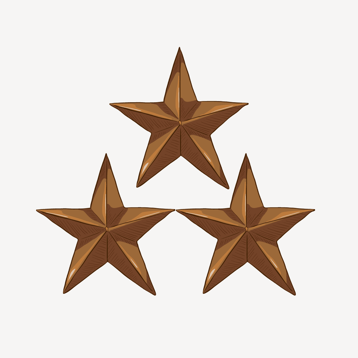 Three brown star shapes arranged in a triangular pattern on a white background.