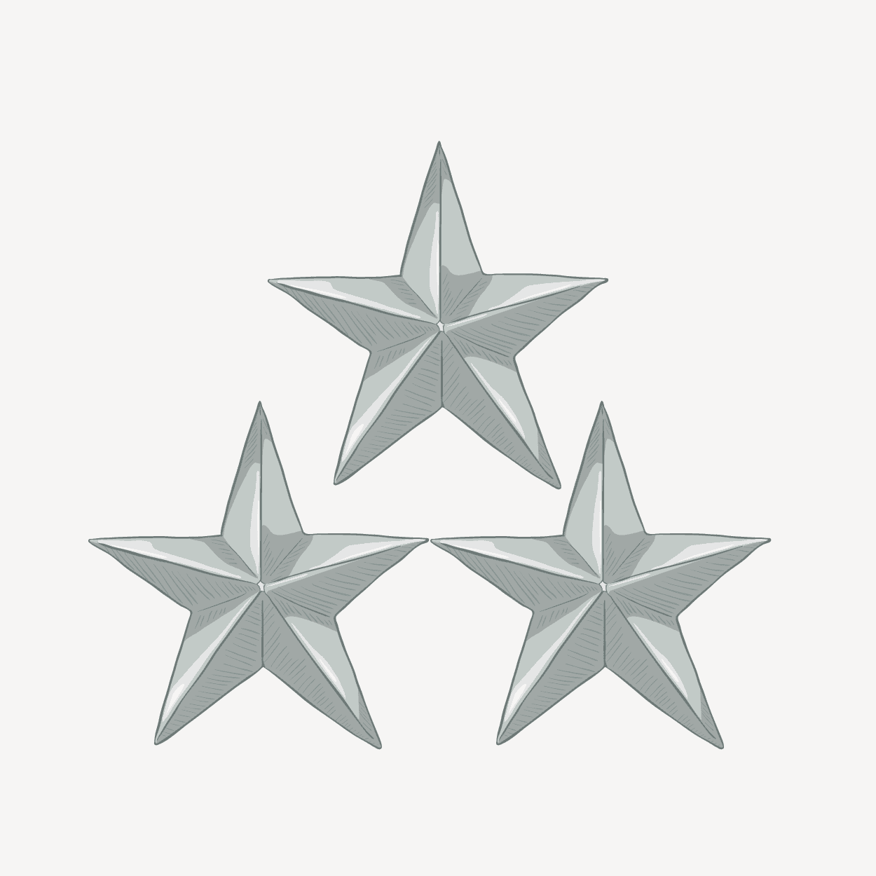 Three silver stars arranged in a triangular formation against a white background.